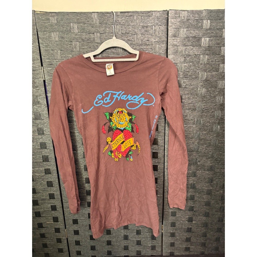Ed Hardy women's long sleeve Tshirt dress brown W/logo size small